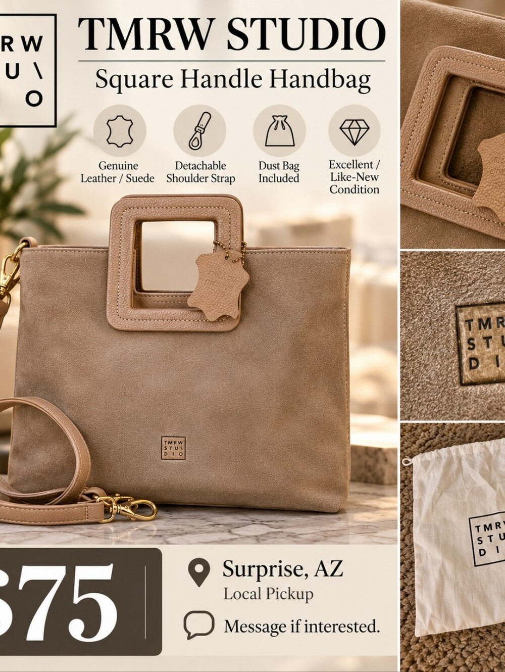 TMRW Studio Suede Leather Square Handle Bag + Crossbody Strap